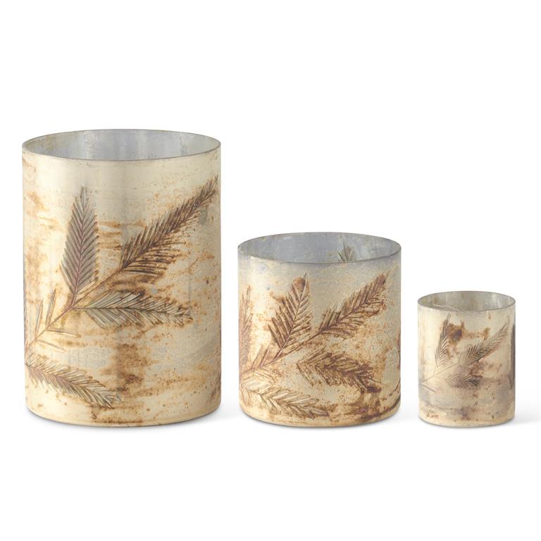 Cream and Silver Pine Sprig Etched Glass Candleholder