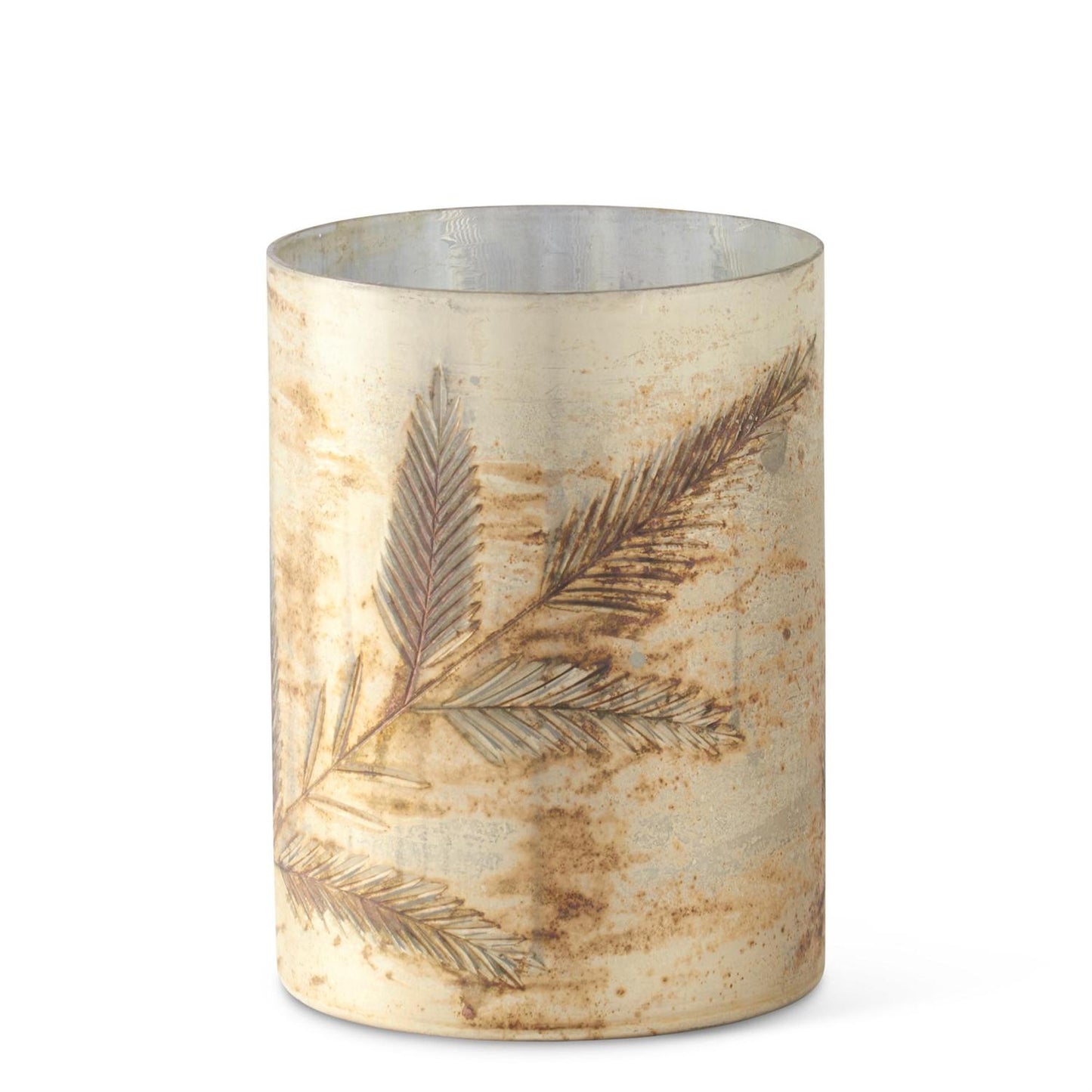 Cream and Silver Pine Sprig Etched Glass Candleholder