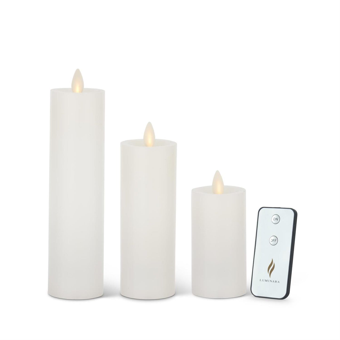 Set of 3 White Wax Luminara Slim Indoor Pillar Candles w/Remote