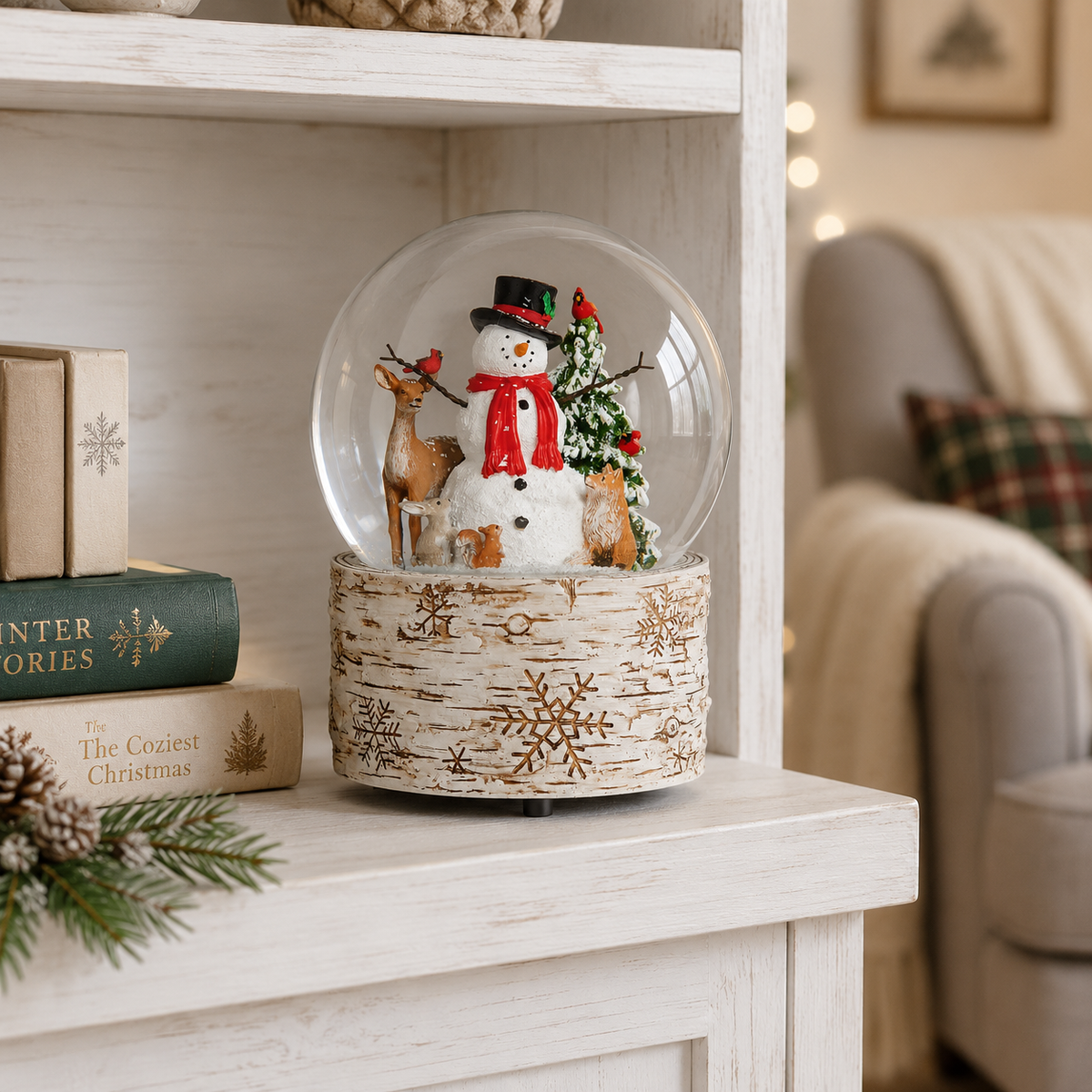 Glitterdome Musical Snowman with Birch Base & Animals - "The First Noel" Tune