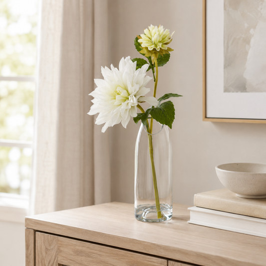 16 Inch White Real Touch 2 Bloom Dahlia Glass Vase Premade w/Faux Water