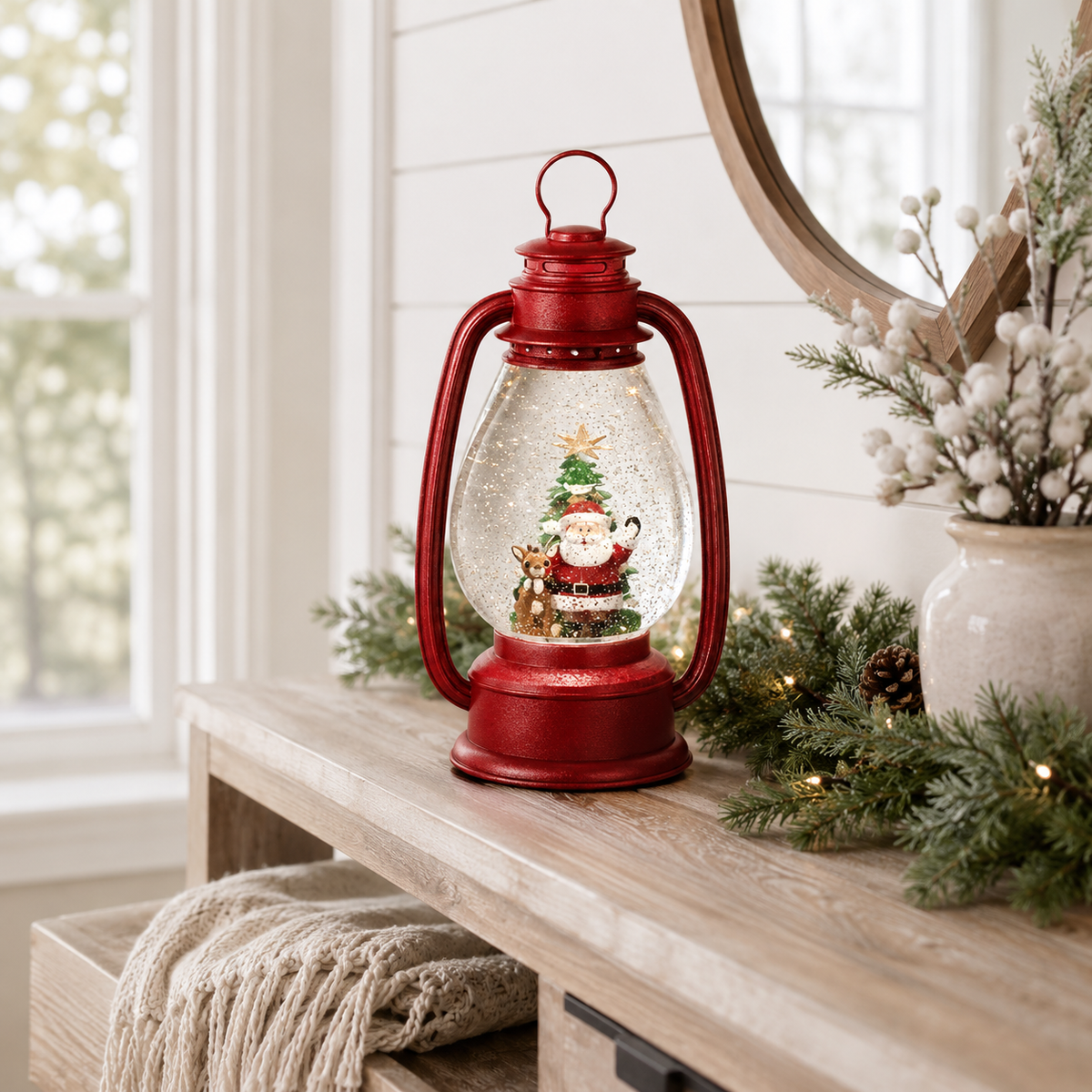 Led Swirl Lantern with Rudolf and Santa