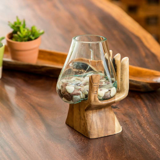 Blown Glass Vase on Teak Hand