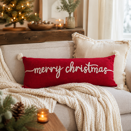 Cotton Lumbar Pillow with Tassels & Embroidered "Merry Christmas"