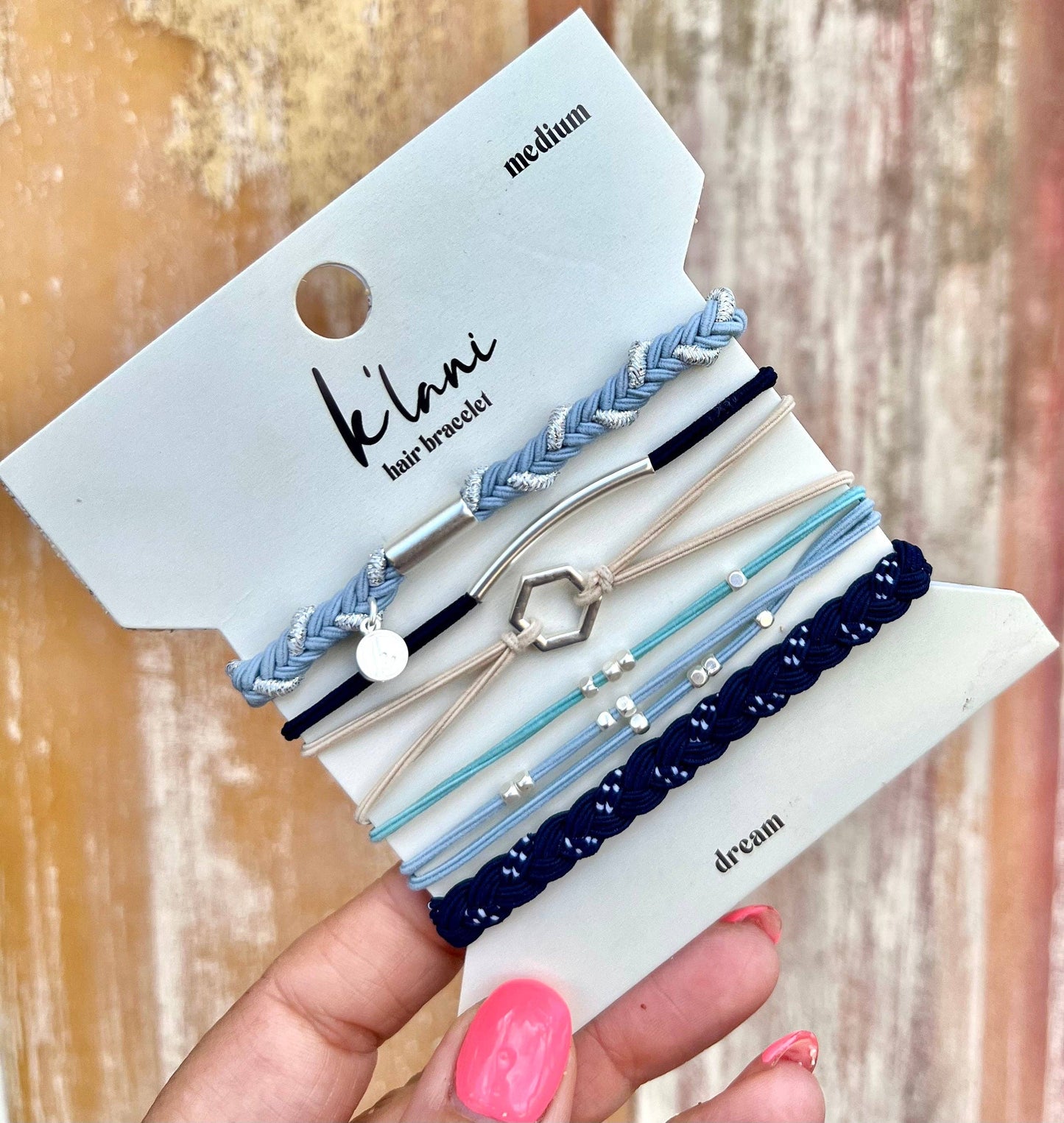 "Dream" Silver Hexagon Charm Blue Hair Tie Bracelets