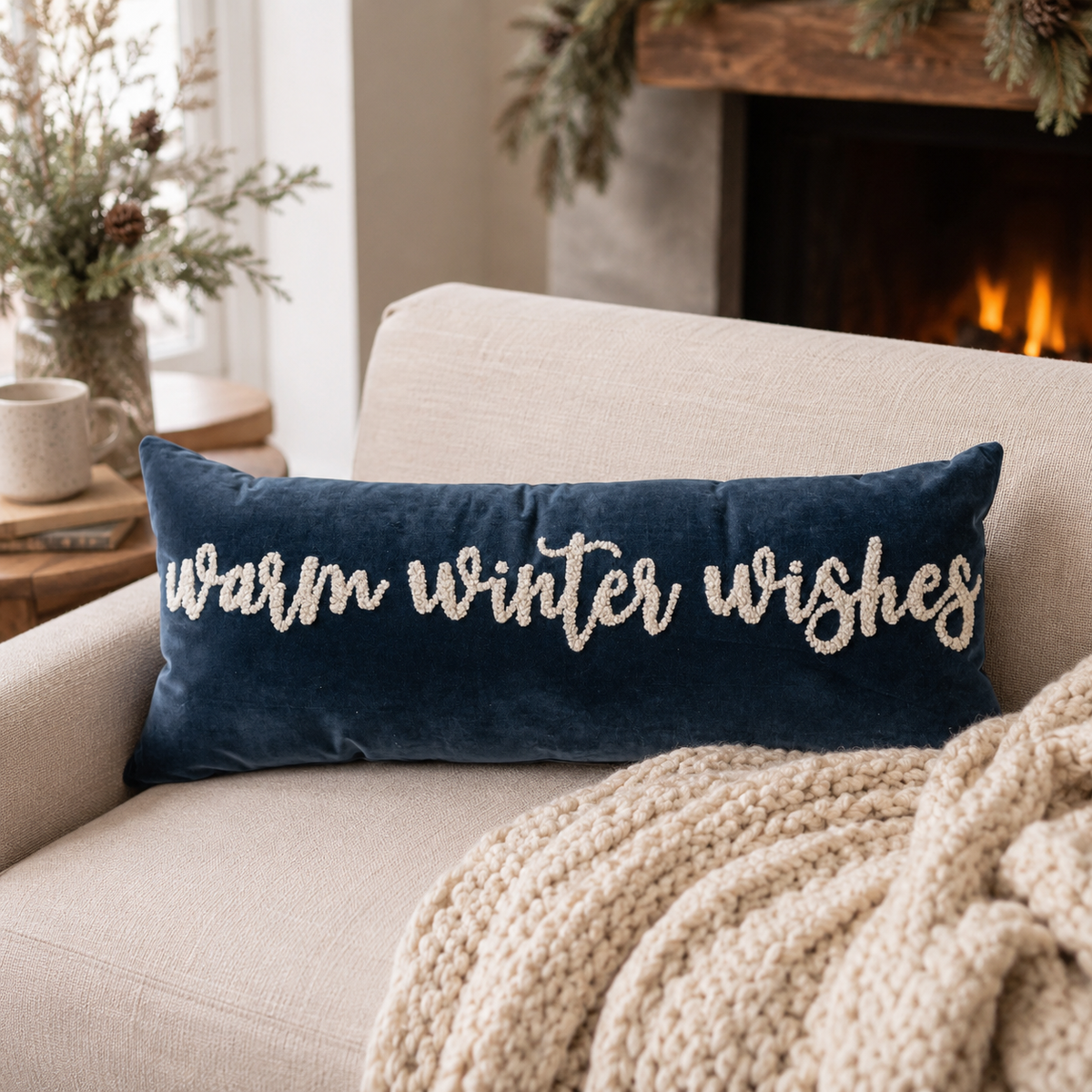 Lumbar Pillow with Embroidered "Warm Winter Wishes"