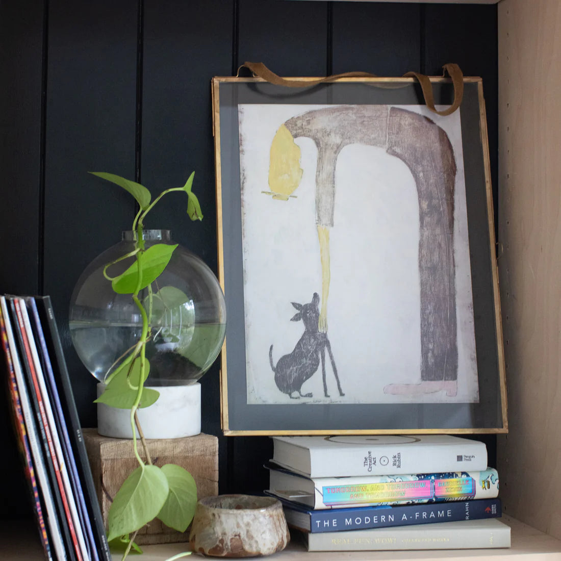 Glass & Brass Metal Wall Hanging Frame w/ Brown Suede