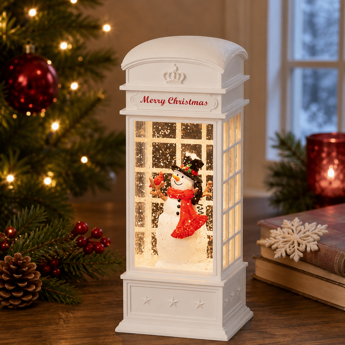 Lighted Swirl Phonebooth; Snowman & Holly