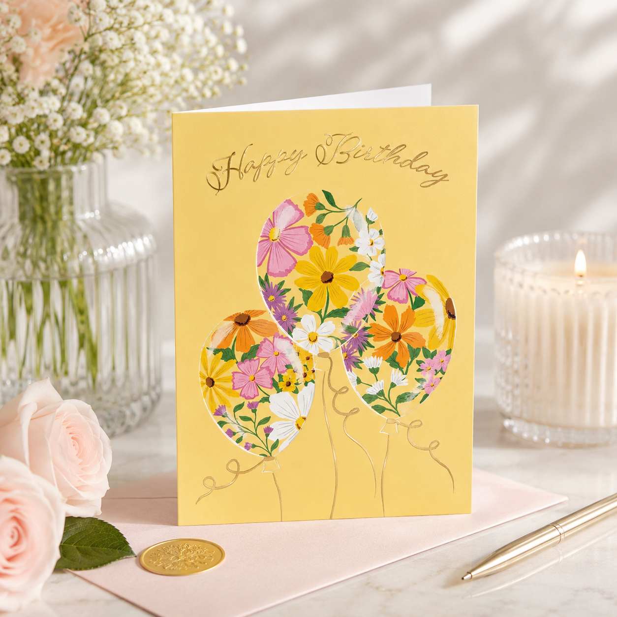 Greeting Card Happy Birthday Floral Balloons