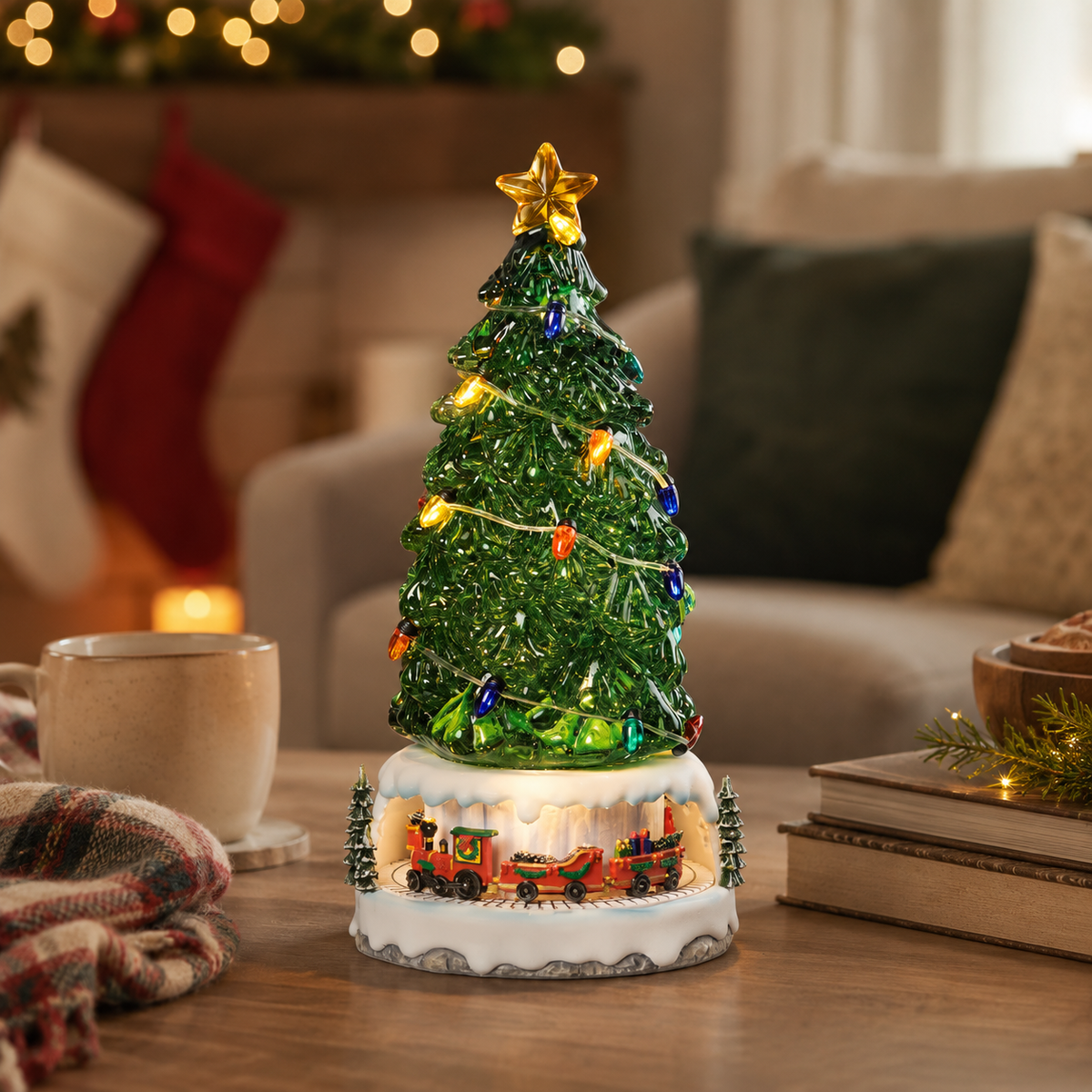 Confetti Lites Lighted Swirl Green Tree with Rotating Train Base