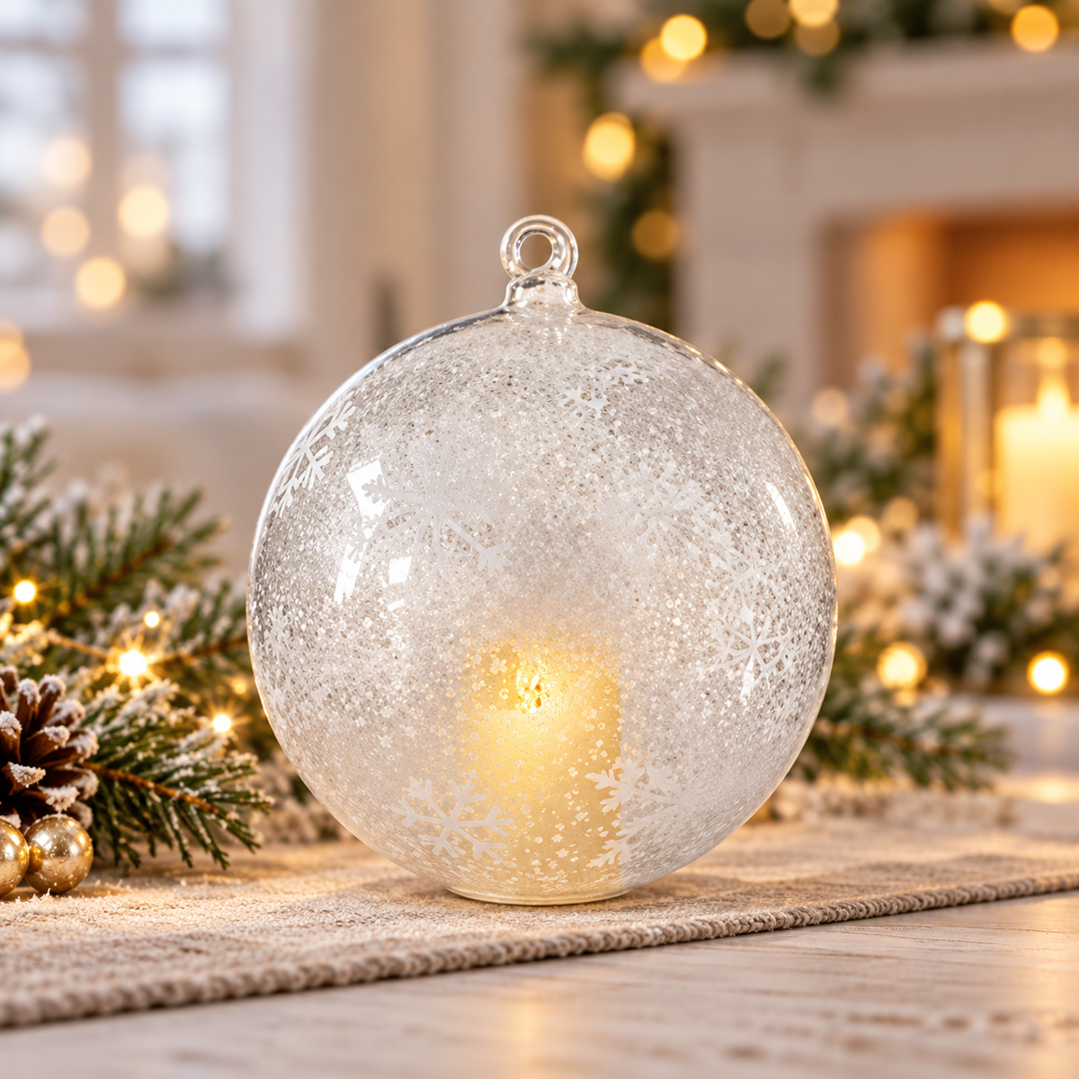 Iced Clear Glass White Snowflakes LED Flicker Flame Ornament