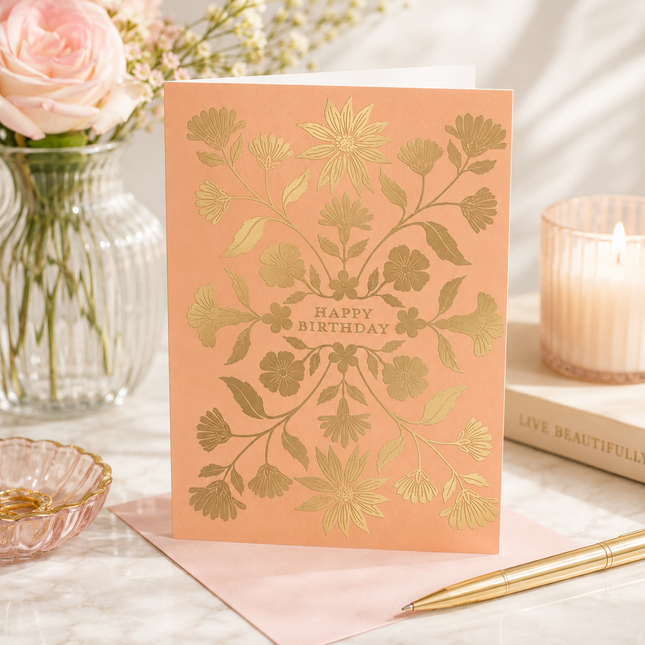 Greeting Card Happy Birthday Gold Floral