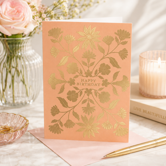 Greeting Card Happy Birthday Gold Floral