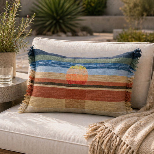 Pillow with Sunset Design, Embroidery & Eyelash Fringe