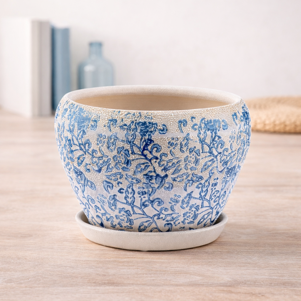 Blue/White Chintz Planter with Saucer