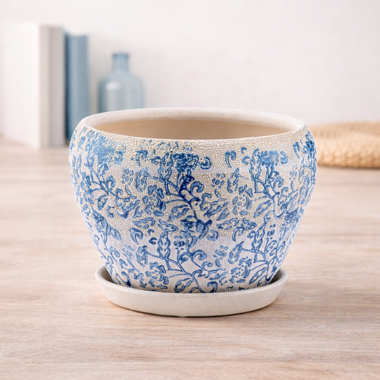 Blue/White Chintz Planter with Saucer