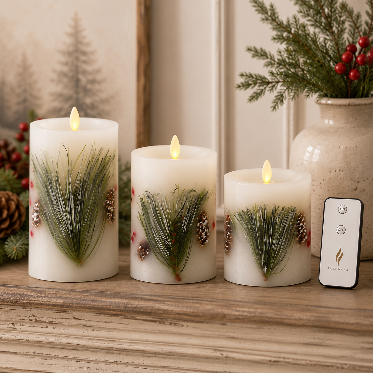 Set of 3 White Wax Berry & Pine Indoor Pillar Luminara Candles w/Remote