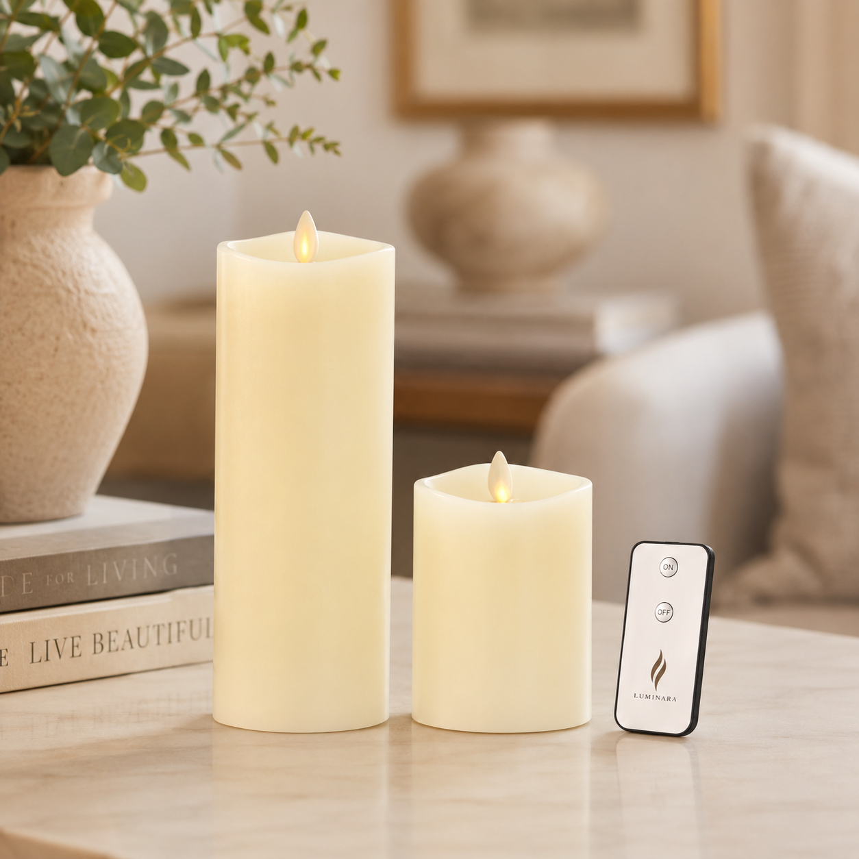 Set of 2 Ivory Wax Luminara Medium Indoor Pillar Candles w/Remote