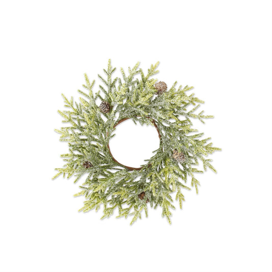 Snowy Juniper Candle Ring with Pinecones