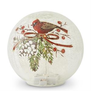 Round Clear Glass LED Cardinal & Pinecone Globe w/Timer