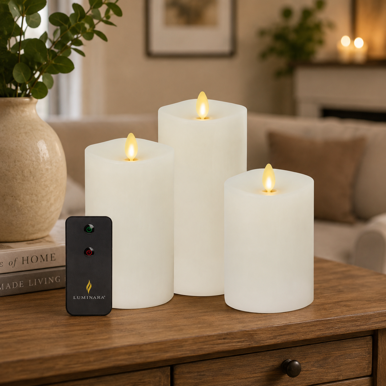 Set of 3 White Wax Luminara Pillar Candles w/2 Button Remote