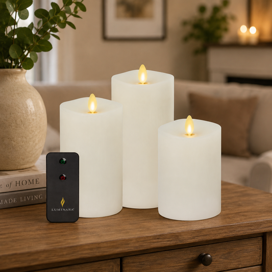 Set of 3 White Wax Luminara Pillar Candles w/2 Button Remote