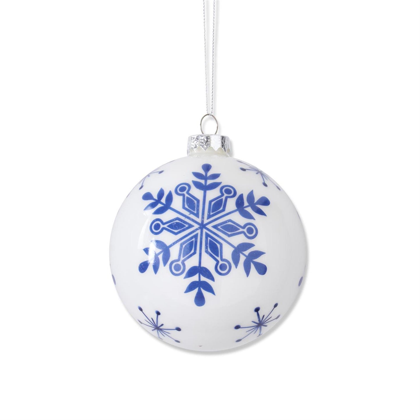 4.25 Inch White w/Blue Snowflakes Glass Round Ornaments