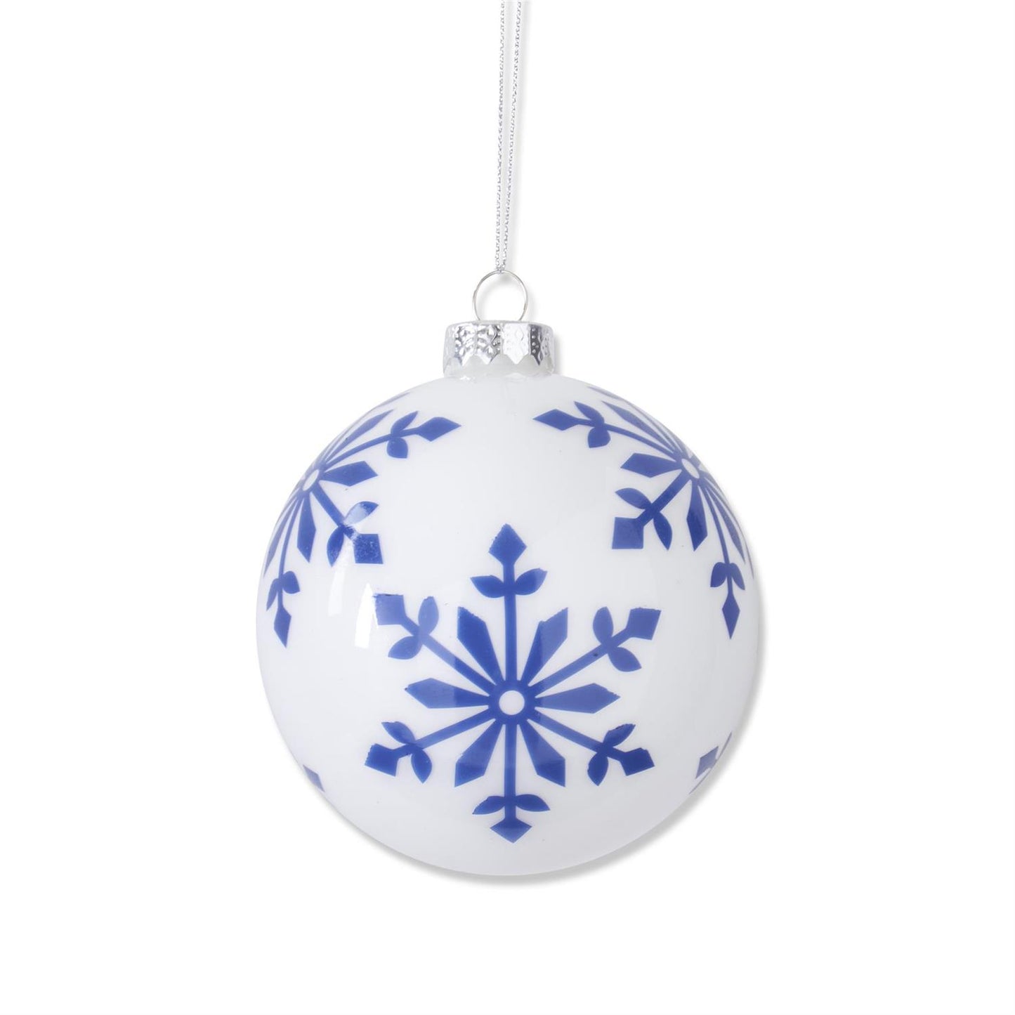 4.25 Inch White w/Blue Snowflakes Glass Round Ornaments