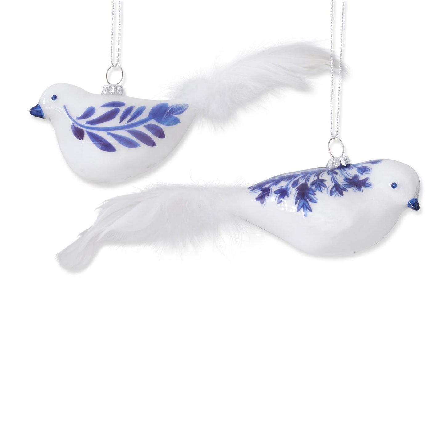 Blue & White Glass Bird Ornaments w/Feather Tails