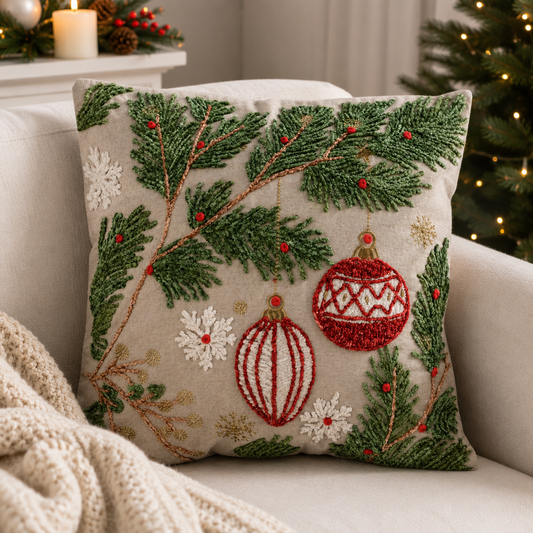 18" Square Cotton Pillow with Embroidered Pine Boughs
