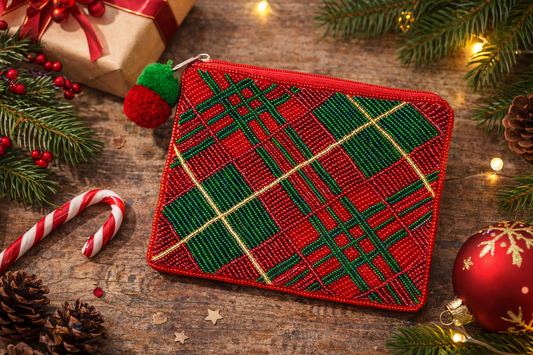 Christmas Plaid Beaded Coin Pouch