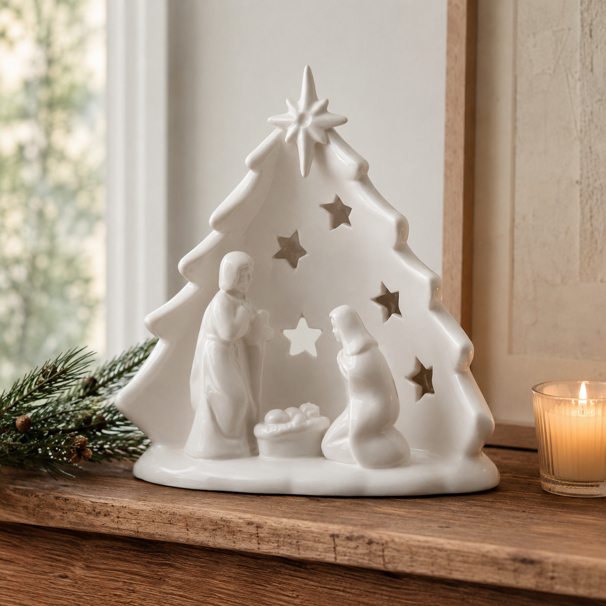 Stoneware Holy Family with Tree & Cut-Outs