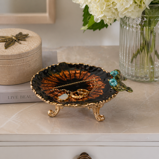 Footed Jewelry Dish w/ 3D Birds, Gold Finish & Multi Color