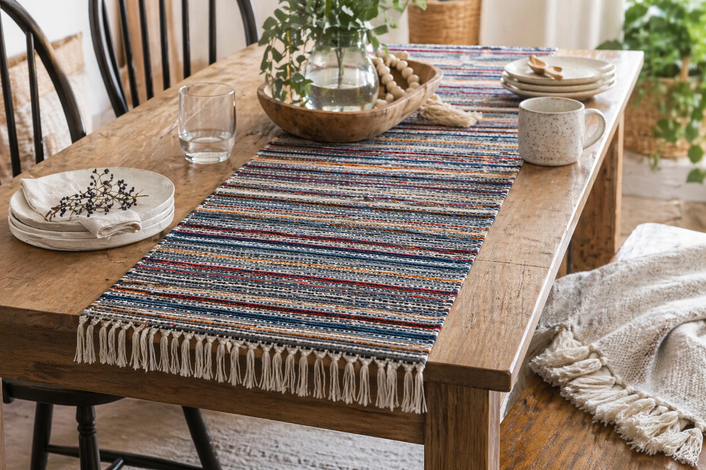 2-1/2' x 8' Woven Wool Striped Floor Runner with Fringe