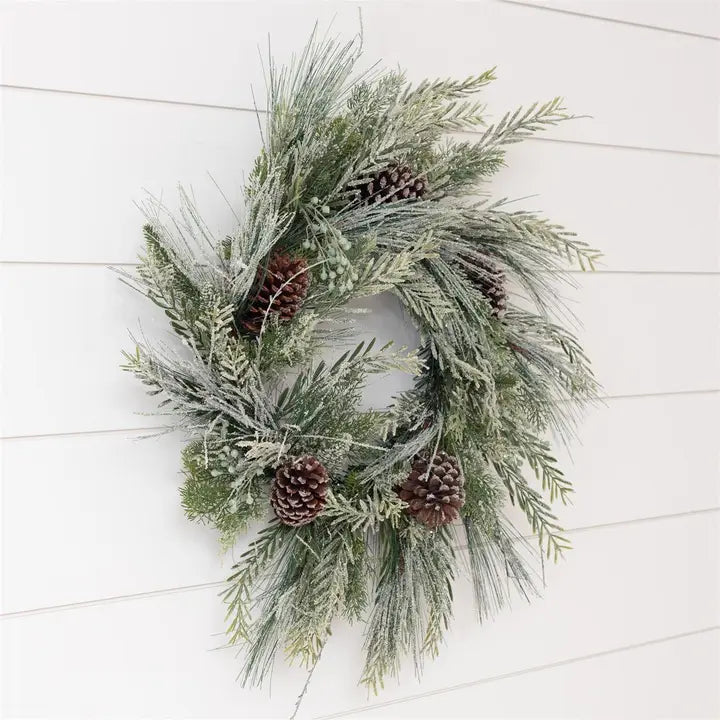 Frosted Mixed Greenery with Pinecones