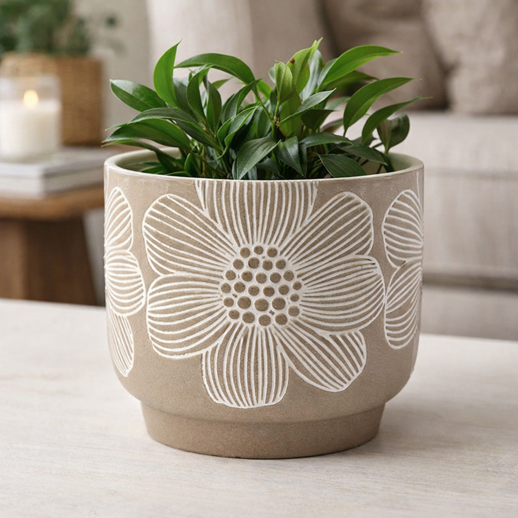 Large White Flower Brown Planter