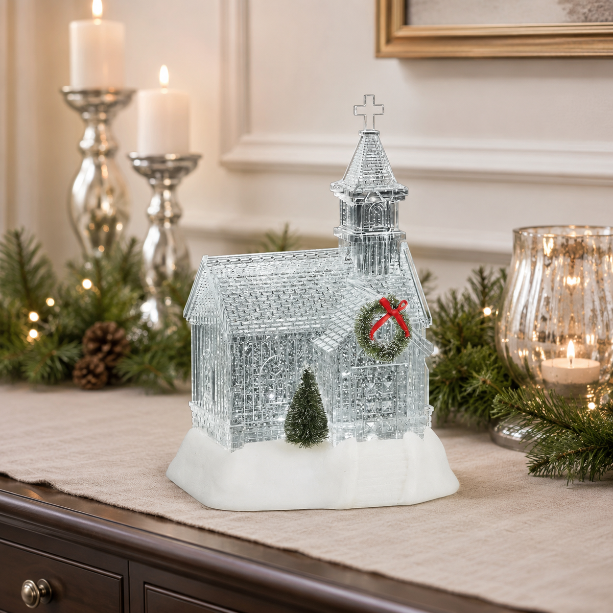 Lighted Swirl Church with Green Wreath and Tree