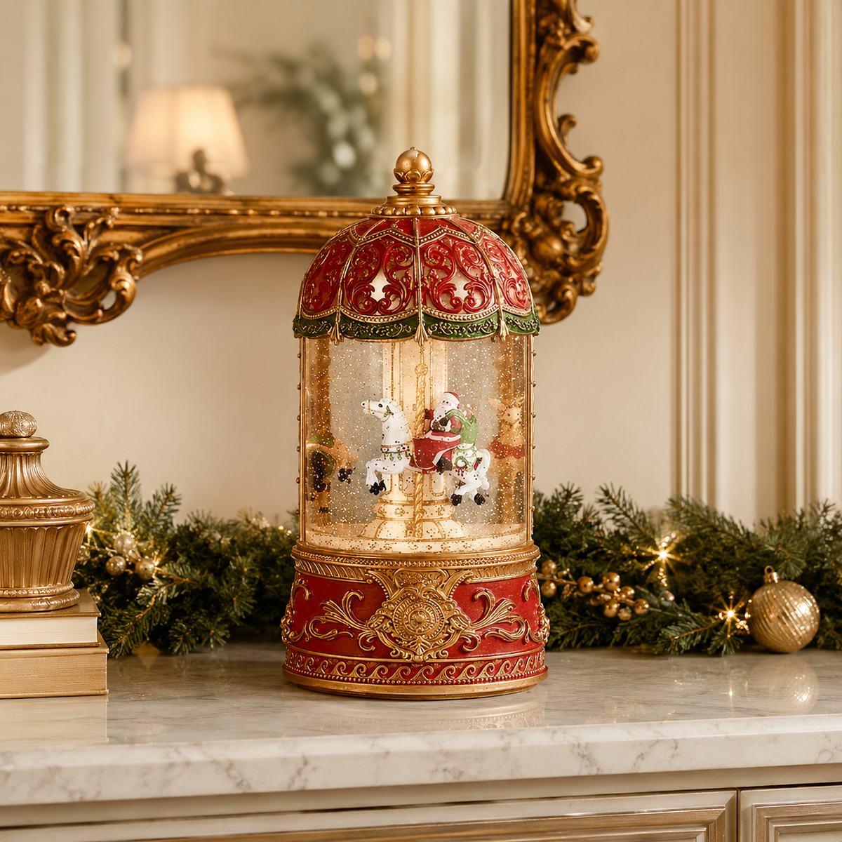 9"H LIGHTED MUSICAL SWIRL CAROUSEL, ROTATING SANTA