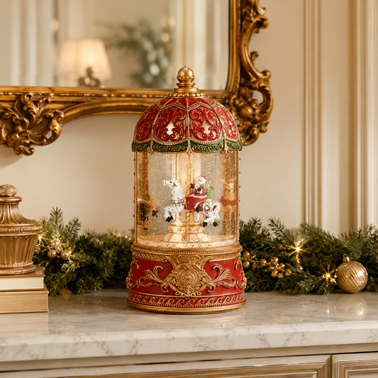 9"H LIGHTED MUSICAL SWIRL CAROUSEL, ROTATING SANTA