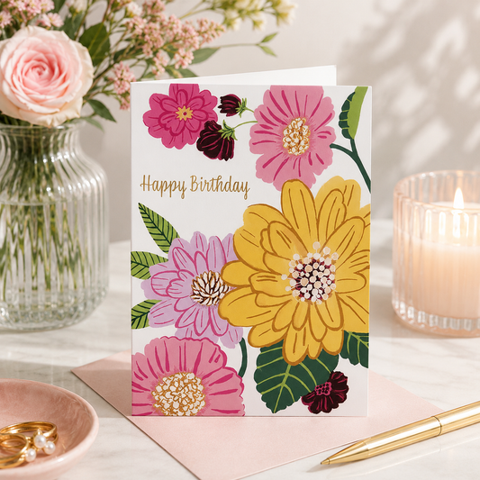 Greeting Card Happy Birthday Graphic Flowers