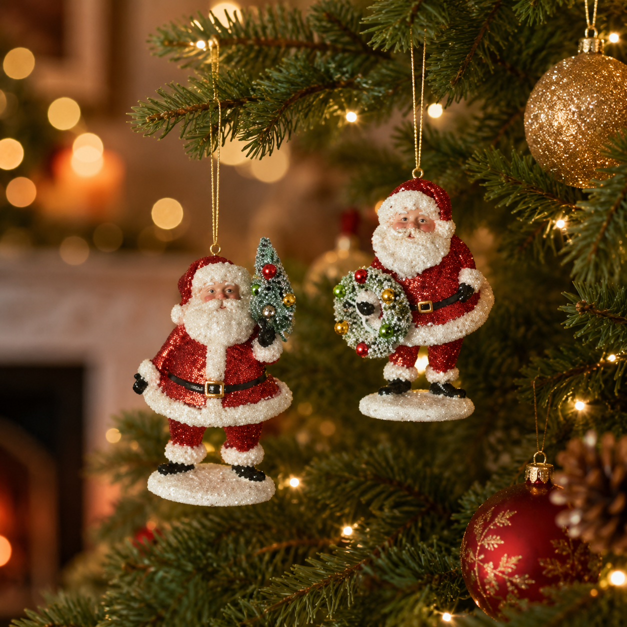 Red Glitter Santa with Wreath and Tree Ornament