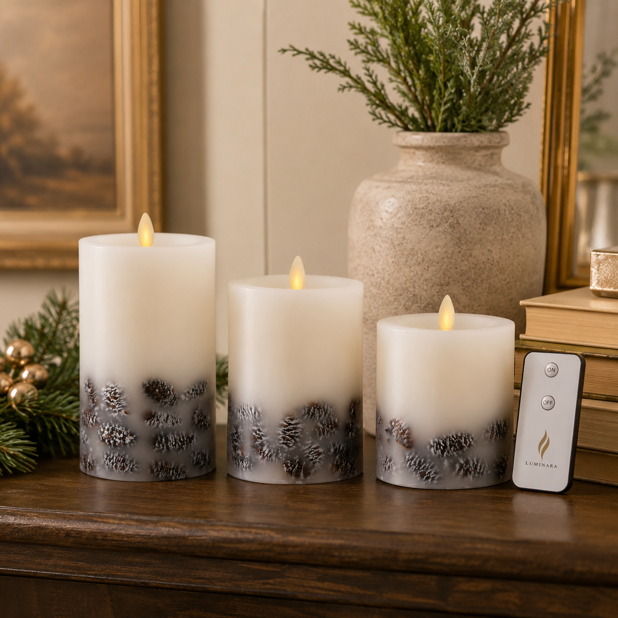Set of 3 White Wax Pinecone Luminara Indoor Pillar Candles w/Remote