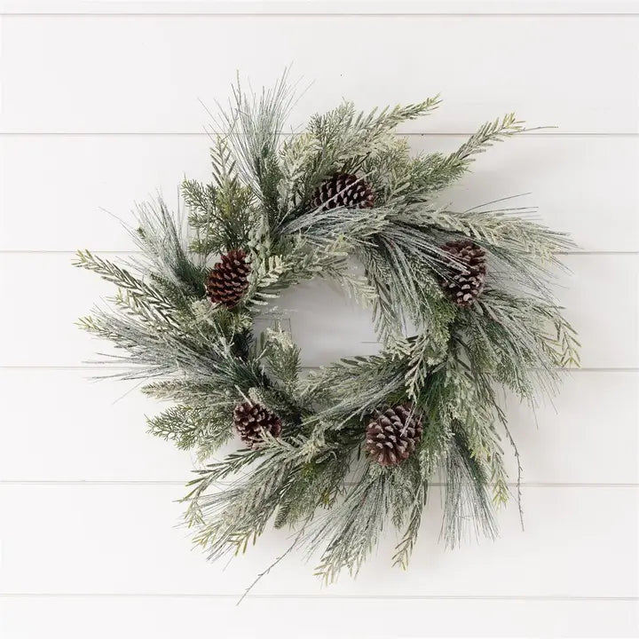 Frosted Mixed Greenery with Pinecones