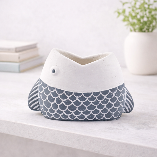 Gray/White Fish Concrete Planter
