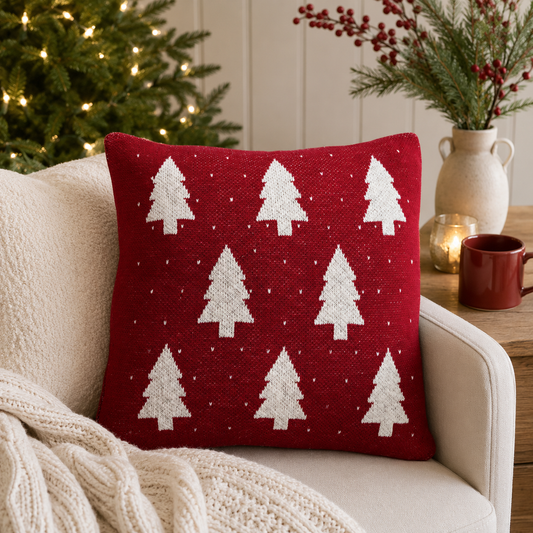 18" Square Cotton Knit Pillow with Tree & Heart Pattern, Red & Natural