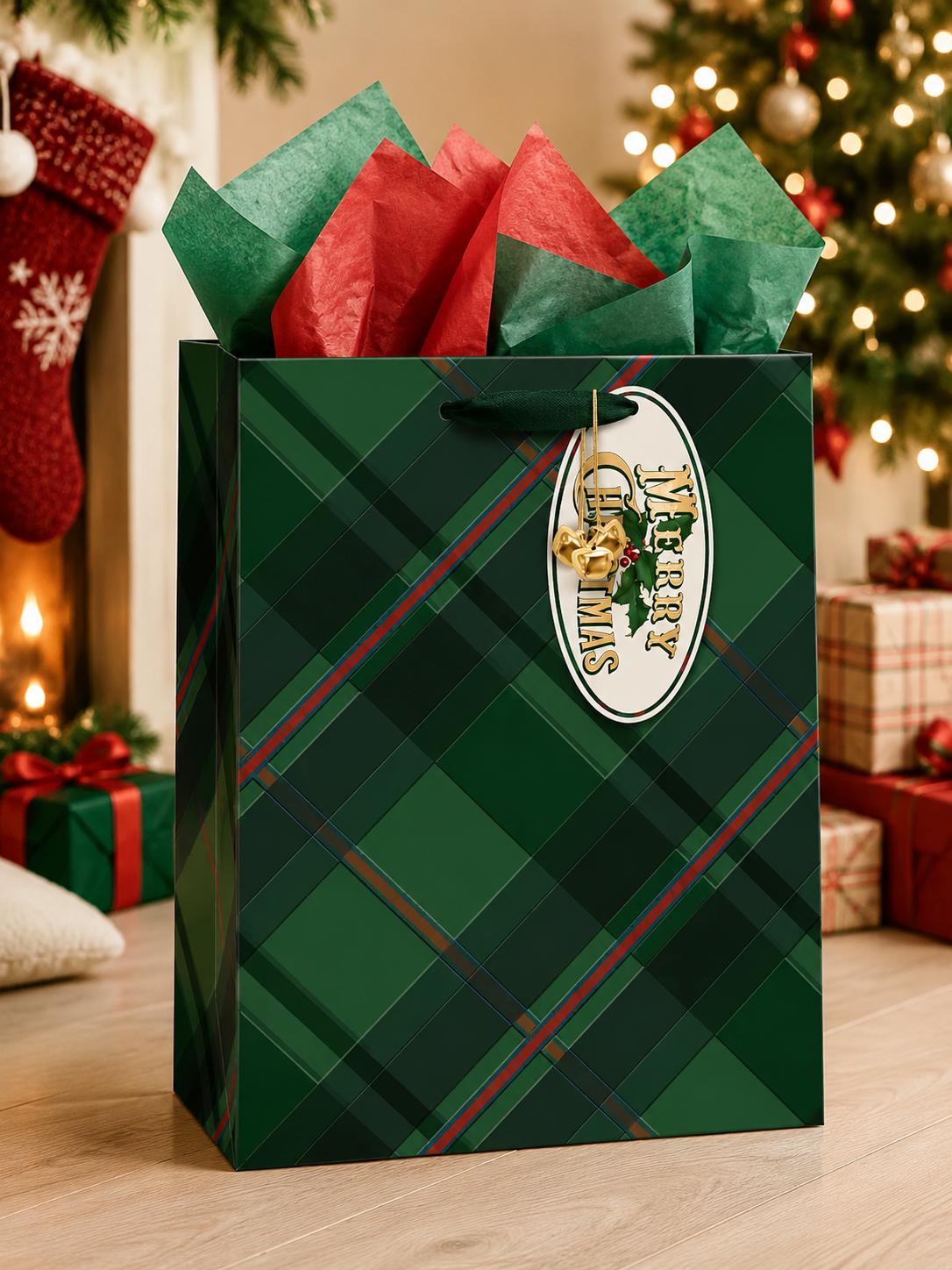 Heirloom Christmas Green Plaid Large Vertical Giftbag