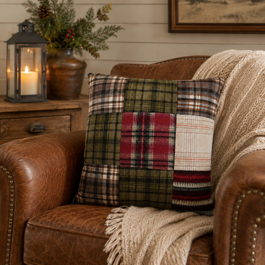 20" Square Fabric Flannel Pillow with Patchwork Plaid Pattern