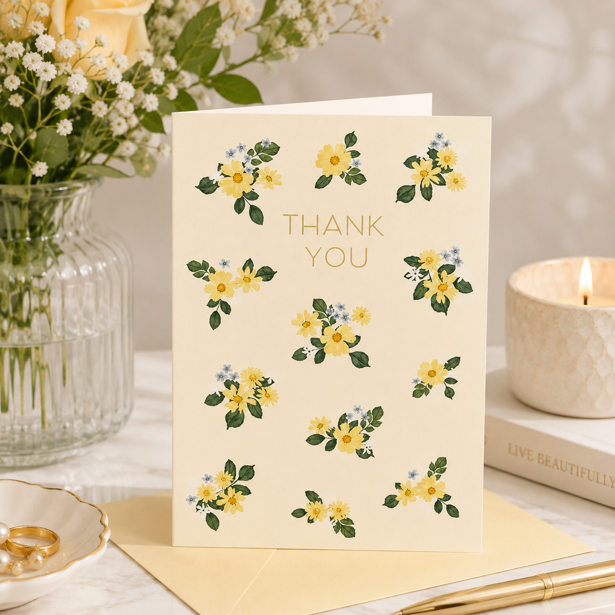 Greeting Card Thank You Ditsy Yellow Blue Flowers