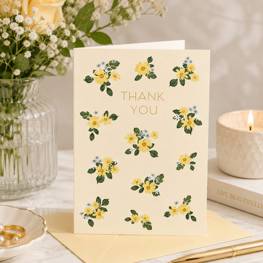 Greeting Card Thank You Ditsy Yellow Blue Flowers