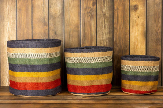 Planter - Multi Colored Striped Jute, Lined